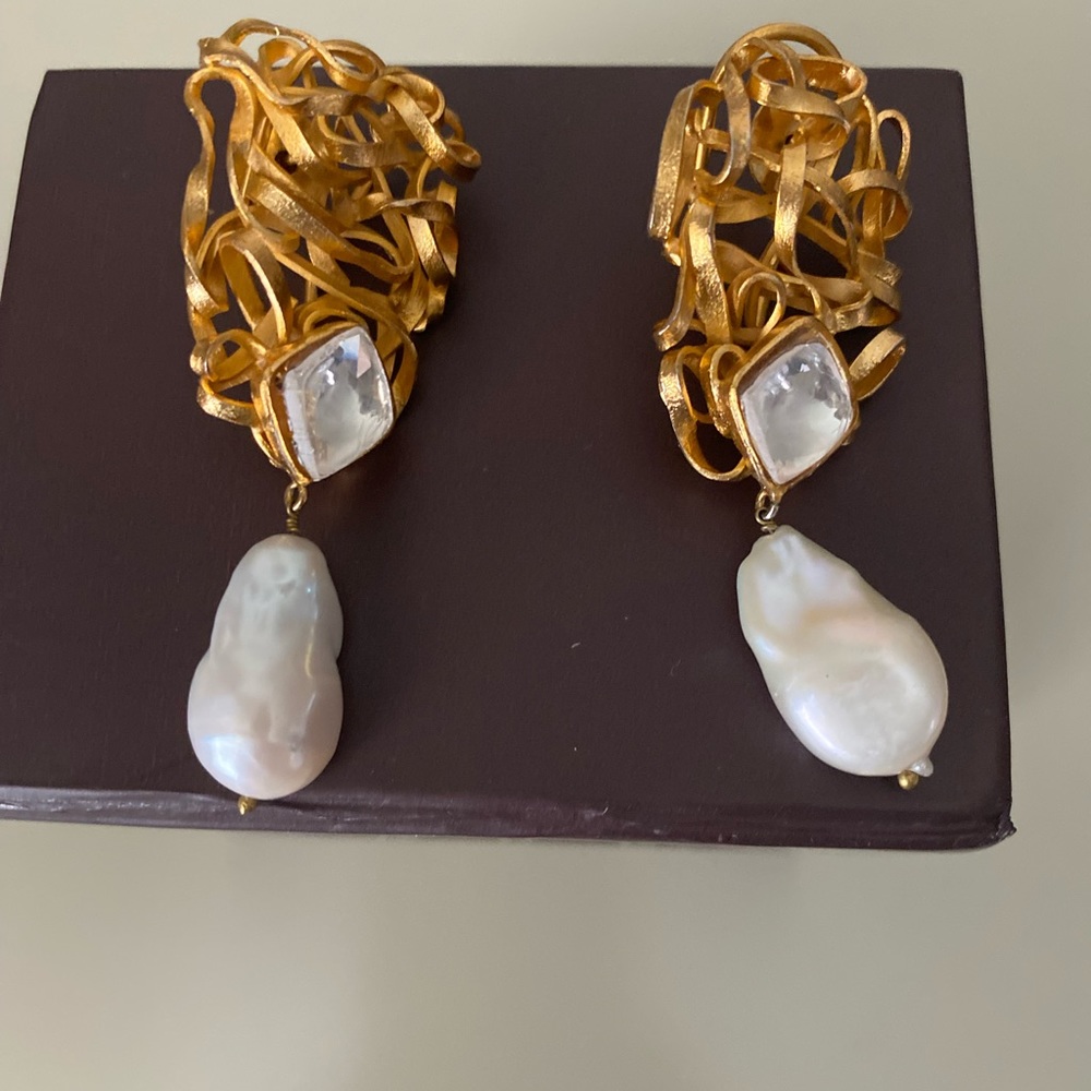 Gold filigree work with pearl hanging  statement earrings